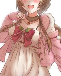 Rule 34 | 1girl, absurdres, acorn, ayunda risu, ayunda risu (1st costume), bow, breasts, brown hair, cleavage, collar, collarbone, dress, head out of frame, highres, hololive, hololive indonesia, jacket, large breasts, leaf, open mouth, pink jacket, red bow, rynn (darknescorez), sleeves past wrists, smile, solo, squirrel girl, squirrel tail, tail, upper body, virtual youtuber, white dress