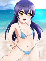 Rule 34 | 1girl, aqua bikini, arms behind back, artist name, artist request, bare legs, bare shoulders, beach, bikini, blue hair, blue sky, blush, breasts, brown eyes, cloud, collarbone, day, female focus, hair between eyes, highres, long hair, looking at viewer, love live!, love live! school idol project, ocean, outdoors, own hands together, parted lips, sky, smile, solo, sonoda umi, sparkle, string bikini, swimsuit, yellow eyes