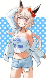 Rule 34 | 1girl, animal ears, blue background, blue shorts, clothes writing, collarbone, commentary request, curren chan (umamusume), ear covers, english text, highres, horse ears, horse girl, horse tail, jacket, looking at viewer, midriff, navel, off shoulder, open clothes, open jacket, pink eyes, polka dot, polka dot background, short hair, shorts, simple background, smile, solo, solokitsune, standing, strapless, tail, thighs, tube top, two-tone background, umamusume, white background, white hair, white jacket