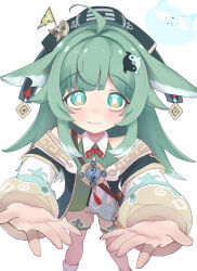 Rule 34 | 1girl, ahoge, animal ears, blunt bangs, blush, charm (object), closed mouth, commentary request, green eyes, green hair, hair ornament, hat, highres, honkai: star rail, honkai (series), huohuo (honkai: star rail), long hair, reaching, reaching towards viewer, shorts, simple background, smile, solo, tail (honkai: star rail), white background, zhidainabao
