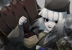 Rule 34 | 1girl, black eyes, chajinbou, fate/grand order, fate (series), giant hand, gradient hair, grey hair, gs999000, hat, highres, incoming attack, incoming punch, japanese clothes, kimono, looking at viewer, medium hair, multicolored hair, parted lips, punching, sanpaku, sen no rikyu (fate), smile, solo, two-tone hair, upper body, white hair