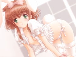 Rule 34 | 1girl, :o, all fours, animal ears, blouse, blush, bow, brown hair, embarrassed, flat chest, frills, game cg, green eyes, hair bow, kuroda akimi, lingerie, no bra, open clothes, open mouth, open shirt, panties, pink bow, rabbit ears, rabbit tail, shirt, short hair, side-tie panties, sidelocks, solo, tail, thighhighs, underwear, white panties, white thighhighs
