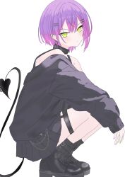 Rule 34 | 1girl, absurdres, collar, demon tail, ear piercing, earrings, garter straps, green eyes, green nails, hair ornament, hairclip, highres, hololive, jewelry, long sleeves, looking at viewer, multicolored hair, nail polish, nose (155cm042kg), piercing, pink hair, purple hair, purple nails, shoes, short hair, simple background, skirt, solo, squatting, strap, tail, tail ornament, tail piercing, tokoyami towa, virtual youtuber, white background