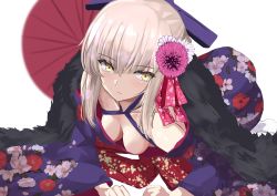 Rule 34 | absurdres, artoria pendragon (all), artoria pendragon (fate), blonde hair, blush, breasts, cleavage, fate/grand order, fate (series), floral print, flower, hair between eyes, hair flower, hair ornament, hair ribbon, highres, japanese clothes, kesoshirou, kimono, long hair, looking at viewer, lying, official alternate costume, oil-paper umbrella, on stomach, ribbon, saber alter, solo, umbrella, white background, wide sleeves