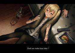 Rule 34 | 2girls, ankh, ankh necklace, bad id, bad pixiv id, between thighs, black legwear, black nails, black sweater, blonde hair, blue eyes, blue jacket, bottle, collared shirt, controller, couch, cup, drinking glass, english text, fingernails, food, hair between eyes, hair ornament, hand on leg, indoors, jacket, jewelry, long sleeves, multiple girls, nail polish, necklace, on couch, on floor, open clothes, open jacket, original, pantyhose, red-framed eyewear, remote control, ring, shirt, sidelocks, sitting, solo focus, sweater, twintails, v-shaped eyebrows, white shirt, wooden floor, yuri, yurichtofen
