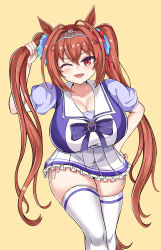 Rule 34 | 1girl, :d, absurdres, animal ears, asanagi (style), blue shirt, blush, bow, breasts, brown hair, cleavage, collarbone, daiwa scarlet (umamusume), fang, feet out of frame, hair between eyes, hair bow, hair intakes, hand on own hip, hand up, highres, horse ears, horse girl, horse tail, huge breasts, kim wang jang, leaning forward, looking at viewer, miniskirt, one eye closed, open mouth, playing with own hair, red bow, red eyes, school uniform, shirt, short sleeves, simple background, skindentation, skirt, smile, solo, standing, tail, thick thighs, thighhighs, thighs, tiara, tracen school uniform, twintails, two-tone shirt, umamusume, walking, white shirt, white skirt, white thighhighs, wide hips, wink, yellow background, zettai ryouiki