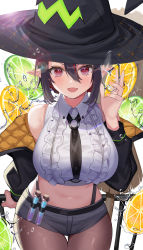 Rule 34 | 1girl, :d, absurdres, amahara subaru, black hair, black hat, black jacket, black necktie, black shorts, blush, breasts, brown pantyhose, collared shirt, cowboy shot, crop top, fang, food, fruit, hair between eyes, hat, highres, holding, ice, ice cube, indie virtual youtuber, isonade orca, jacket, large breasts, lemon, lemon slice, looking at viewer, midriff, multicolored hair, navel, necktie, off shoulder, open clothes, open jacket, open mouth, pantyhose, pantyhose under shorts, railing, red eyes, red hair, shirt, short hair, short shorts, shorts, skin fang, sleeveless, sleeveless shirt, smile, solo, standing, streaked hair, test tube, thigh gap, virtual youtuber, white shirt, witch hat