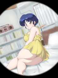 Rule 34 | 1girl, :o, ass, bare shoulders, bed, bedroom, blue hair, blush, bookshelf, boombox, border, breasts, brown eyes, camisole, dress, embarrassed, female focus, highres, large breasts, looking at viewer, looking back, lying, mage (harumagedon), on bed, on side, peeking, peeking out, peephole, pillow, plump, pov, ranma 1/2, round border, shiny skin, short hair, sleeveless, sleeveless dress, solo, tendou akane, thick thighs, thighs