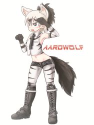 Rule 34 | 1girl, aardwolf (kemono friends), aardwolf print, adapted costume, animal ear fluff, animal ears, animal print, arm up, armpits, bare shoulders, black eyes, black footwear, black hair, black necktie, black shorts, boots, breast pocket, character name, collared shirt, commentary request, crop top, cropped shirt, cross-laced footwear, elbow gloves, extra ears, full body, gloves, grey hair, groin, hair between eyes, hand up, high ponytail, highres, juuen sharin, kemono friends, knee boots, lace-up boots, looking afar, medium hair, midriff, multicolored hair, navel, necktie, open mouth, pantyhose, pantyhose under shorts, pocket, ponytail, print gloves, print pantyhose, print shirt, shirt, short shorts, shorts, side-tie bottom, side-tie shorts, simple background, sleeveless, sleeveless shirt, solo, standing, stomach, tail, two-tone hair, white background, wing collar