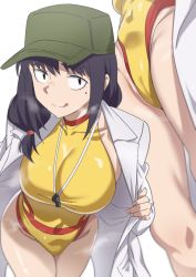 Rule 34 | 1girl, absurdres, black eyes, black hair, breasts, cameltoe, competition swimsuit, covered navel, green headwear, hat, highres, houkago teibou nisshi, jacket, kotani sayaka, large breasts, leaning forward, licking lips, long hair, mole, mole under eye, multiple views, one-piece swimsuit, ramanda, simple background, swimsuit, tongue, tongue out, whistle, white background, white jacket, yellow one-piece swimsuit