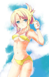 Rule 34 | 1girl, bare shoulders, bikini, blonde hair, blue eyes, blush, breasts, can, cleavage, dia (luminous arc), drink, glasses, luminous arc, luminous arc 2, miyako (mongcocoa), navel, smile, solo, swimsuit
