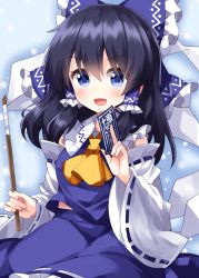 Rule 34 | 1girl, :d, alternate color, ascot, black hair, blue eyes, blue skirt, blush, bow, detached sleeves, frilled bow, frilled shirt collar, frills, gohei, hair between eyes, hair bow, hair tubes, hakurei reimu, highres, holding, long hair, long sleeves, looking at viewer, open mouth, player 2, red skirt, ribbon-trimmed sleeves, ribbon trim, ruu (tksymkw), sidelocks, skirt, skirt set, smile, solo, touhou, white sleeves, wide sleeves