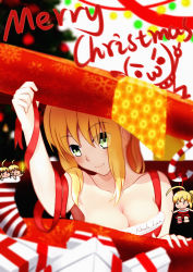 Rule 34 | &gt;:&lt;, 1girl, :&gt;, :&lt;, absurdres, ahoge, artoria pendragon (all), artoria pendragon (fate), bare shoulders, blonde hair, blush, breasts, chibi, christmas stocking, cleavage, closed mouth, fate/stay night, fate (series), gift, green eyes, hair over one eye, highres, medium breasts, merry christmas, noah (519856986), saber (fate), santa costume, smile, solo, ssword, sword, v-shaped eyebrows, weapon