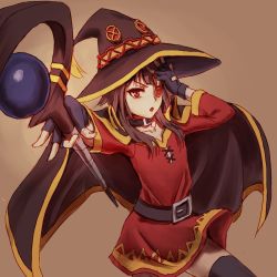 Rule 34 | 10s, 1girl, belt, black gloves, black hair, black thighhighs, brown background, button eyes, buttons, cape, eyepatch, fingerless gloves, gloves, hat, holding, kono subarashii sekai ni shukufuku wo!, long hair, looking at viewer, megumin, omega (omega yang), omega (pixiv5891337), red eyes, short hair with long locks, simple background, solo, staff, thighhighs, witch hat