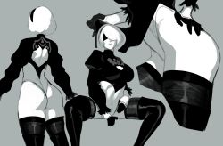 Rule 34 | 1girl, absurdres, ass, back cutout, blindfold, boots, cleavage cutout, closed mouth, clothing cutout, covered navel, gloves, grey background, greyscale, hairband, highres, leotard, monochrome, multiple views, nier (series), nier:automata, popogori, puffy sleeves, short hair, simple background, sitting, spread legs, thigh boots, thighhighs, turtleneck, 2b (nier:automata)