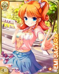Rule 34 | 1girl, blouse, blue eyes, blue skirt, bow, breasts, character name, closed mouth, day, girlfriend (kari), glowstick, grin, hair bow, jewelry, looking at viewer, medium hair, multicolored bow, necklace, official art, orange hair, orange shirt, outdoors, park, pink shirt, pink bow, plaid, plaid bow, qp:flapper, sagara emi, shirt, skirt, smile, solo, tagme, teeth, tied shirt, tree, two side up, v, white legwear