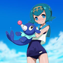 Rule 34 | 1girl, blue eyes, blue hair, blue one-piece swimsuit, blue sailor collar, blue sky, blush, breasts, carrying, closed mouth, cloud, collarbone, covered navel, cowboy shot, creatures (company), crop top, crop top overhang, day, flipped hair, game freak, gen 7 pokemon, hairband, happy, head tilt, hip focus, lana (pokemon), light smile, name tag, narrow waist, nintendo, nose blush, old school swimsuit, one-piece swimsuit, outdoors, outline, pokemon, pokemon (creature), pokemon sm, popplio, rohitsuka, sailor collar, school swimsuit, shirt, short hair, sky, sleeveless, sleeveless shirt, small breasts, smile, standing, swimsuit, swimsuit under clothes, trial captain, wet, wet clothes, wet hair, wet swimsuit, white shirt