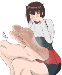 Rule 34 | 1girl, barefoot, bike shorts, blush, brown eyes, brown hair, covering own mouth, crossed legs, feet, hand over own mouth, highres, kantai collection, looking at viewer, maikuma20, medium hair, soles, steam, taihou (kancolle), toes