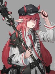 Rule 34 | 1girl, absurdres, arknights, armor, belt, grey background, hair ornament, hairclip, hat, highres, holding, holding weapon, horns, jewelry, long hair, looking at viewer, low twintails, nail polish, necktie, open mouth, pauldrons, pointy ears, red eyes, red hair, red nails, ring, shoulder armor, simple background, solo, teeth, twintails, very long hair, vigna (arknights), weapon, xia oekaki