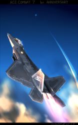 Rule 34 | ace combat, ace combat 7: skies unknown, afterburner, aircraft, airplane, anniversary, blue sky, emblem, f-22, f-22 raptor, fighter jet, highres, jet, military, military vehicle, realistic, shooting star, signature, sky, star (sky), trigger (ace combat), vehicle focus, zephyr164