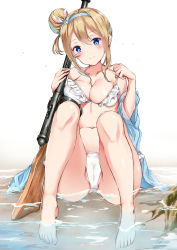 Rule 34 | 1girl, bare legs, bare shoulders, barefoot, bikini, blue hairband, blue jacket, breasts, cameltoe, cleavage, closed mouth, commentary request, girls&#039; frontline, gun, hair bun, hair ornament, hairband, hand up, head tilt, highres, jacket, light brown hair, medium breasts, name connection, navel, object namesake, off shoulder, official alternate costume, partially visible vulva, shallow water, short sleeves, side bun, single hair bun, single side bun, sitting, smile, snowflake hair ornament, solo, submachine gun, suomi (girls&#039; frontline), suomi (midsummer pixie) (girls&#039; frontline), suomi kp/-31, swimsuit, water, weapon, white bikini, yukishiro arte