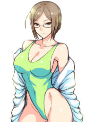 Rule 34 | 1girl, brown eyes, brown hair, contrapposto, covered navel, glasses, green one-piece swimsuit, hai (h81908190), hair ornament, hairclip, highleg, highleg swimsuit, jacket, looking at viewer, one-piece swimsuit, open clothes, open jacket, original, short hair, simple background, solo, standing, swimsuit, white background, white jacket