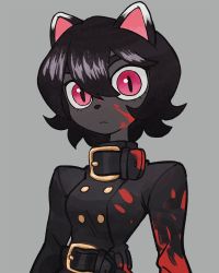 Rule 34 | 1girl, animal ears, black coat, black hair, blood, blood on clothes, blood on face, buttons, cat ears, coat, colo (nagrolaz), double-breasted, expressionless, female focus, furry, furry female, grey background, hair between eyes, highres, looking at viewer, original, pink eyes, short hair, simple background, slit pupils, solo, upper body