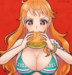 Rule 34 | !, 1girl, absurdres, artist name, artist request, bare shoulders, bikini, bikini top only, blush, breasts, brown eyes, burger, chicken (food), chicken sandwich, cleavage, earrings, eating, eyelashes, eyeliner, female focus, food, green bikini, highres, japanese text, jewelry, large breasts, lettuce, long hair, makeup, mcdonald&#039;s, nami (one piece), one piece, orange hair, sideboob, solo, swimsuit, tagme, tattoo, toei animation, toei company, translation request, upper body, white background, white trim