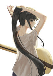 Rule 34 | 1girl, absurdres, arms up, black hair, electric guitar, from behind, grey eyes, guitar, hair tie, highres, holding, holding own hair, instrument, long hair, nape, original, plectrum, plectrum in mouth, ponytail, shirt, short sleeves, simple background, solo, sweat, t-shirt, tesin (7aehyun), upper body, very long hair, white background, white shirt