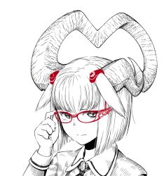Rule 34 | 1girl, adjusting eyewear, asymmetrical horns, blunt bangs, bob cut, closed mouth, commentary request, expressionless, glasses, greyscale, hand up, horns, jacket, jaco, long sleeves, looking at viewer, monochrome, original, red-framed eyewear, short hair, simple background, solo, spot color, uneven horns, white background