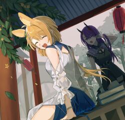 Rule 34 | 2girls, absurdres, animal ears, arknights, arm support, back cutout, bare shoulders, black dress, blonde hair, blue skirt, book, book stack, bracelet, braid, chinese clothes, cleavage cutout, closed eyes, clothing cutout, coin hair ornament, commentary request, demon girl, demon horns, dress, hair ornament, highres, horns, jewelry, kobarisusuz, kroos (arknights), kroos the keen glint (along the corridor) (arknights), kroos the keen glint (arknights), lantern, lava (arknights), lava the purgatory (arknights), lava the purgatory (dusk wisteria) (arknights), long hair, multiple girls, on table, open mouth, outdoors, pillar, plant, pointy ears, purple hair, rabbit ears, rabbit girl, see-through, see-through sleeves, side slit, skirt, smile, table, teeth, tongue, tree, twitter username, upper teeth only, white dress