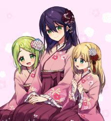 Rule 34 | 3girls, :d, blonde hair, blush, breasts, brown hakama, closed mouth, earrings, floral background, floral print, flower, frilled sleeves, frills, genderswap, genderswap (mtf), green eyes, green hair, hair between eyes, hair flower, hair ornament, hakama, hakama skirt, hands up, japanese clothes, jewelry, kenmochi touya, kimono, long hair, long sleeves, mononobe alice, morinaka kazaki, multiple girls, nijisanji, open mouth, own hands together, pink background, pink kimono, print kimono, purple hair, red flower, skirt, small breasts, smile, very long hair, virtual youtuber, white flower, wide sleeves, yamabukiiro