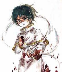 Rule 34 | 1girl, aerokinesis, blood, blood on clothes, blood on hands, bushiyishizhegeyin, capelet, chinese commentary, closed mouth, commentary request, cowboy shot, dress, frown, gold trim, green eyes, green hair, highres, isoi rai, long sleeves, saibou shinkyoku, short hair, sketch, solo, white capelet, white dress, wind