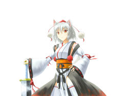 Rule 34 | 1girl, animal ears, breasts, bridal gauntlets, detached sleeves, hand on hilt, hand on own hip, hat, highres, inubashiri momiji, japanese clothes, kourindou tengu costume, light smile, looking at viewer, noronosuke, obi, open clothes, open skirt, pom pom (clothes), sash, short hair, sideboob, simple background, skirt, solo, sword, thighhighs, tokin hat, touhou, weapon, white background, white hair, wide sleeves, wolf ears, yellow eyes