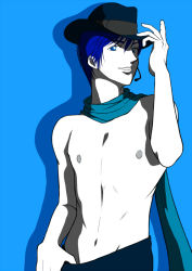 Rule 34 | 1boy, bad id, bad pixiv id, blue background, blue eyes, blue hair, blue scarf, blue theme, fedora, h., hat, headset, kaito (vocaloid), male focus, matching hair/eyes, monochrome, scarf, short hair, simple background, smile, solo, topless male, vocaloid