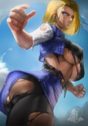 Rule 34 | 1girl, absurdres, android 18, angry, ass, battle damage, blonde hair, blue eyes, blue sky, breasts, cleavage, day, dragon ball, dragonball z, elite nappa, highres, large breasts, looking at viewer, looking away, skirt, sky, solo, thighs, torn, torn clothes