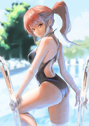Rule 34 | 1girl, aro (charged time out), ass, back, bad id, bad pixiv id, black one-piece swimsuit, blurry, brown eyes, brown hair, caustics, cloud, competition swimsuit, day, depth of field, from side, goggles, goggles around neck, long hair, looking at viewer, looking back, naughty face, one-piece swimsuit, original, outdoors, parted lips, photo-referenced, ponytail, pool, pool ladder, red hair, shiny skin, sky, smile, solo, swimsuit, tree, wading, water, yellow eyes