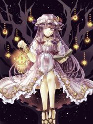 Rule 34 | 1girl, bad id, bad pixiv id, bare shoulders, blue bow, book, bow, choker, collarbone, crescent, crescent hair ornament, dress, embellished costume, expressionless, floating, hair bow, hair ornament, hat, highres, lantern, long hair, looking at viewer, mob cap, namuko, patchouli knowledge, purple eyes, purple hair, red bow, see-through, shoes, sidelocks, sitting, solo, touhou, tree, very long hair, wrist cuffs