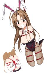 Rule 34 | 1girl, absurdres, animal ears, antenna hair, arms behind back, black leotard, blush, bound, bound arms, breasts, brown hair, cleavage, curvy, detached collar, elbow gloves, fake animal ears, full body, gloves, highleg, highleg leotard, highres, kinbakuman, large breasts, leotard, long hair, love hina, narusegawa naru, open mouth, pantyhose, playboy bunny, rabbit ears, shibari, shiny clothes, shiny skin, simple background, strapless, strapless leotard, suspension, tearing up, white background, white gloves, wide hips