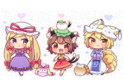 Rule 34 | 3girls, :&gt;, :3, :d, animal ear fluff, animal ears, blob, blonde hair, blue footwear, blush, bow, breasts, brooch, brown eyes, brown hair, cat ears, cat tail, chen, choker, commentary request, dotted background, dress, dress bow, earrings, elbow gloves, fang, fox tail, frilled dress, frills, full body, gem, gloves, green headwear, hair ribbon, hands in opposite sleeves, happy, hat, highres, ibaraki natou, jewelry, kitsune, large breasts, long hair, long sleeves, looking at viewer, looking to the side, mary janes, mob cap, multiple girls, multiple tails, nekomata, ofuda, on head, open mouth, puffy short sleeves, puffy sleeves, purple dress, purple eyes, red choker, red footwear, red gemstone, red neckwear, red ribbon, red skirt, red vest, ribbon, ribbon-trimmed dress, ribbon choker, shoes, short hair, short sleeves, sidelocks, single earring, skirt, smile, socks, solid oval eyes, standing, tabard, tail, tassel, touhou, tress ribbon, two tails, vest, white background, white footwear, white gloves, white headwear, white sleeves, yakumo ran, yakumo yukari, yellow eyes, yellow neckwear
