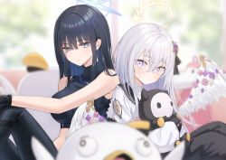 Rule 34 | 2girls, azusa (blue archive), bare arms, bare shoulders, black hair, black pants, black shirt, blue archive, blue eyes, breasts, commentary request, crop top, hair between eyes, highres, holding, holding stuffed toy, large breasts, leggings, long hair, looking at viewer, midriff, multiple girls, no headwear, pants, piripun, purple eyes, saori (blue archive), shirt, sitting, sleeveless, sleeveless shirt, stuffed toy, white hair, white shirt