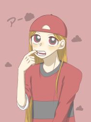 Rule 34 | 1boy, brick (ppg), finger in own mouth, hat, long hair, long sleeves, looking at viewer, male focus, open mouth, powerpuff girls, red background, red eyes, red hair, red shirt, shirt, solo, teeth, tongue