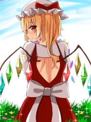 Rule 34 | 1girl, blonde hair, blush, bow, crystal, flandre scarlet, flower, frilled shirt, frilled shirt collar, frilled skirt, frilled sleeves, frills, grass, hat, hat ribbon, highres, kiui (dagk8254), looking at viewer, looking back, mob cap, red eyes, red skirt, red vest, ribbon, shirt, short hair, skirt, smile, solo, touhou, vest, wings