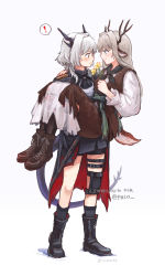 Rule 34 | !, 2girls, alina (arknights), animal ears, antlers, arknights, ascot, black ascot, black footwear, black legwear, black neckerchief, black shirt, black shorts, black skirt, blue eyes, blush, boots, brown footwear, brown hair, brown legwear, carrying, commentary, commission, deer antlers, deer ears, deer girl, deer tail, dragon girl, dragon horns, dragon tail, dress, english commentary, flower, full body, hair intakes, happy, highres, holding, holding flower, horns, knee pads, long hair, long sleeves, looking at another, multiple girls, neckerchief, official alternate costume, pinafore dress, princess carry, profile, shirt, shorts, shorts under skirt, silverxp, single knee pad, skirt, sleeveless, sleeveless dress, smile, socks, speech bubble, spoken exclamation mark, tail, talulah (arknights), thigh strap, torn clothes, torn dress, twitter username, white dress, yellow eyes, yellow flower, yuri