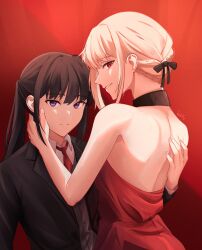 Rule 34 | 2girls, artist name, backless dress, backless outfit, black choker, black hair, black jacket, blonde hair, choker, chxoswolf, closed mouth, collared shirt, commentary request, dress, formal, hair ribbon, hand on another&#039;s back, hand on another&#039;s cheek, hand on another&#039;s face, highres, inoue takina, jacket, long hair, lycoris recoil, multiple girls, necktie, nishikigi chisato, official alternate costume, parted lips, ponytail, purple eyes, red background, red dress, red necktie, ribbon, shirt, short hair, sidelocks, suit, white shirt, yuri