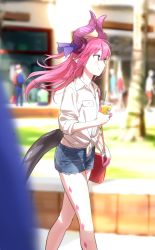 Rule 34 | alternate costume, bad id, bad twitter id, bag, blue eyes, blurry, blurry background, blurry foreground, contemporary, day, denim, denim shorts, depth of field, dragon horns, dragon tail, drinking straw, elizabeth bathory (fate), elizabeth bathory (fate/extra ccc), fate/grand order, fate (series), handbag, horns, juice, karna (fate), kinosuke (sositeimanoga), outdoors, pink hair, pointy ears, short shorts, shorts, shoulder bag, solo focus, tail, tree, walking
