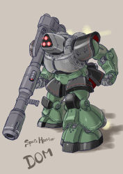 Rule 34 | 1980s (style), bazooka (gundam), character name, clenched hand, commentary, commentary request, copyright name, crossover, dom (mobile suit), gameplay mechanics, glowing, glowing eyes, gundam, highres, katahira masashi, machinery, mecha, mobile force gangaru, mobile suit gundam, oldschool, parody, retro artstyle, robot, science fiction, sega, sensor, shadow, simple background, sketch, solo, space harrier, style parody, thrusters, video game