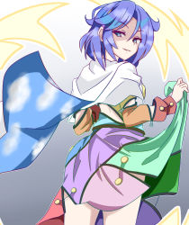 Rule 34 | 1girl, blue eyes, blue hair, cape, clothes lift, cowboy shot, dress, dress lift, from behind, gradient background, grey background, kakineko, lifting own clothes, long sleeves, looking at viewer, looking back, patchwork clothes, short hair, sky print, solo, standing, tenkyuu chimata, touhou, white cape, zipper