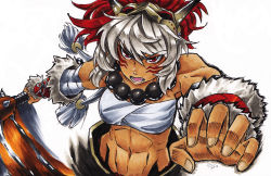 Rule 34 | 1girl, abs, bandages, bandeau, beads, biceps, dark skin, dark-skinned female, facepaint, facial mark, fire emblem, fire emblem fates, highres, marker (medium), midriff, mikkusushi, multicolored hair, muscle, muscular, muscular female, nintendo, red eyes, red hair, rinkah (fire emblem), sarashi, simple background, solo, strapless, toned, traditional media, tube top, two-tone hair, white hair