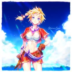 Rule 34 | 1girl, bandages, banned artist, blonde hair, blue eyes, breasts, chrono cross, closed mouth, crop top, facial mark, gloves, highres, jewelry, kid (chrono cross), long hair, looking at viewer, midriff, multi-tied hair, navel, necklace, ponytail, ria (rilpoppo), skirt, smile, solo, vest